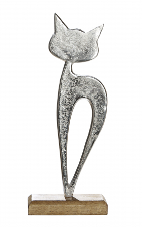 SALE % - Decoratiune Cat Luna, aluminiu/lemn, argintiu/maro, 13x32x5 cm
