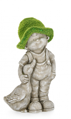 Decoratiuni terasa si gradina - Decoratiune pentru gradina Boy with Duck, Gri/Verde, Compozit, 44.5 cm