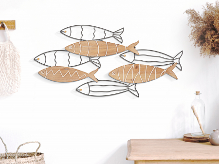 Accesorii - Decoratiune de perete Fish, Fier/MDF, Negru/Natural, 30x60x2 cm