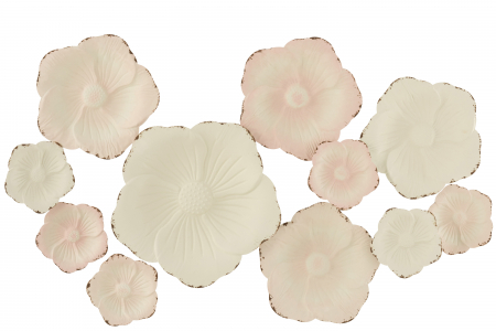 IN STOC - Decoratiune de perete Flowers, Metal/Fier, Roz/Alb, 103x61x4.5 cm