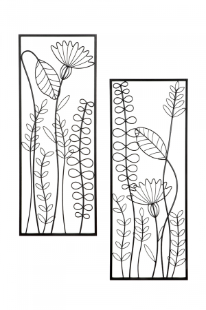 Set 2 decoratiuni de perete Leaves, Metal, Negru, 35x90x1 cm