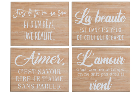 SALE % - Decoratiune de perete, text alb, lemn natur sortiment de 4