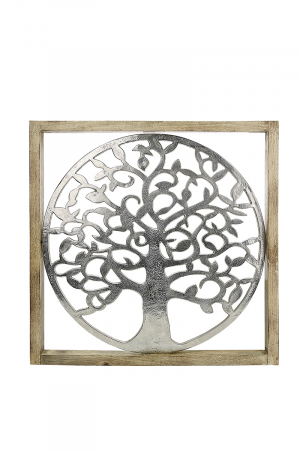 Decoratiune de perete Tree of Life, aluminiu/lemn, argintiu/maro, 60x60x3.5 cm [1]