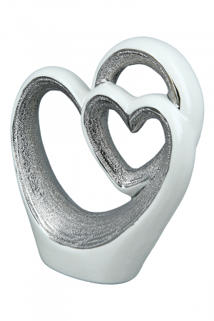 Dragobete - Decoratiune Heart in heart, Portelan, Alb/Argintiu, 13.5x15x4 cm
