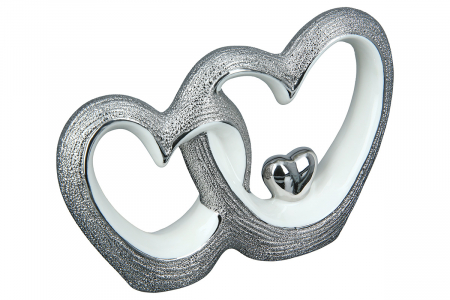 Dragobete - Decoratiune Heart in heart, Portelan, Alb/Argintiu, 19.5x13.5x4 cm