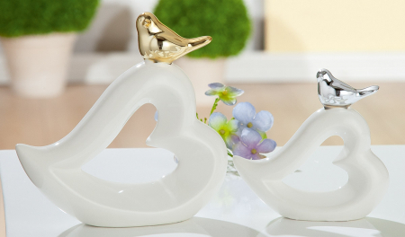 Decoratiune inima/pasare, ceramica, alb/argintiu, 10x9.5x3 cm [1]