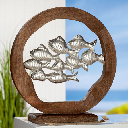 Accesorii - Decoratiune School of Fish, aluminiu/lemn, argintiu/maro, 45 cm