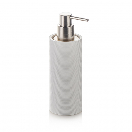 Accesorii baie - Dozator sapun FOX, Rasina/Otel/Bambus, Alb, 6.5x6.5x19.5 cm