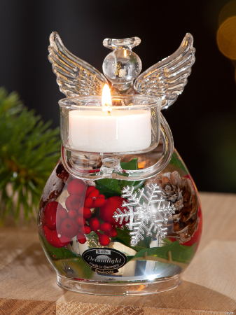 DECORATIUNI - Dreamlight, Suport lumanare tip tealight, Angel Petit Medium, „Noel”, Sticla, transparent, rosu, PU 4, H 12 cm, A. 8 cm