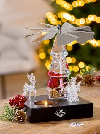 DECORATIUNI - Dreamlight, Suport lumanare tip tealight, Baza mini piramida din lemn, „Noel”, Sticla, rosu, PU 2, L. 13 cm, L. 16 cm, H 16 cm