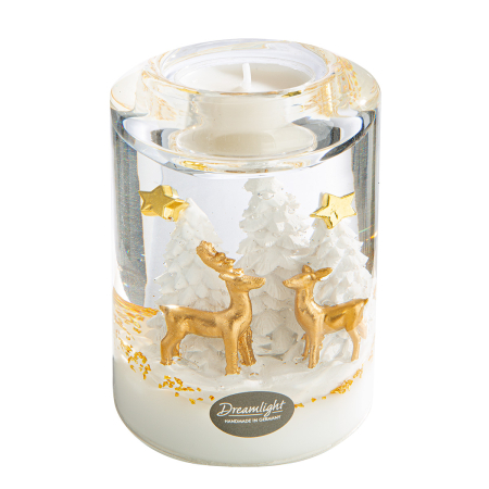 Dreamlight, Suport lumanare tip tealight, Candela Classic, „Wonderland Reindeer”, Motiv cu ren, Sticla, alb, auriu, PU 4, L. 7 cm, L. 7 cm, H 10,5 cm [1]