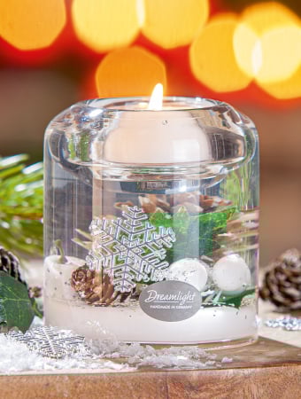 DECORATIUNI - Dreamlight, Suport lumanare tip tealight, Candela Smart, „Winter Time”, Sticla, verde, alb, PU 6, H 8 cm, A. 7 cm
