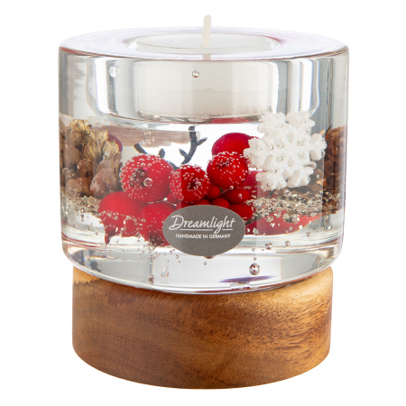 Dreamlight, Suport lumanare tip tealight, Colum Classic pe baza de lemn, „Winter Berries”, Lemn, maro, rosu, PU 4, H 9 cm, A. 8,5 cm [3]
