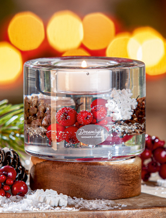 DECORATIUNI - Dreamlight, Suport lumanare tip tealight, Colum Classic pe baza de lemn, „Winter Berries”, Lemn, maro, rosu, PU 4, H 9 cm, A. 8,5 cm