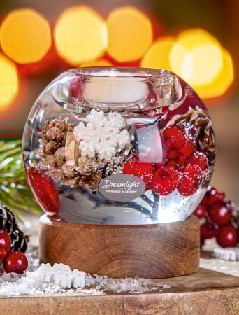 DECORATIUNI - Dreamlight, Suport lumanare tip tealight, Mercur pe baza de lemn, „Winter Berries”, Lemn, maro, rosu, PU 4, H 9 cm, A. 9 cm