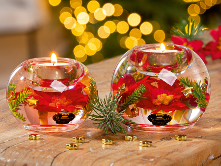 DECORATIUNI - Dreamlight, Suport lumanare tip tealight, Mercury, „Floare de Craciun”, Sticla, rosu, PU 6, H 7 cm, A. 9 cm