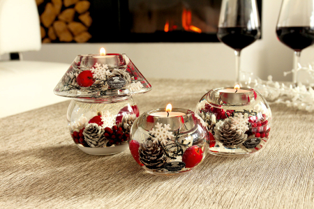 DECORATIUNI - Dreamlight, Suport lumanare tip tealight, Mercury, „Winter Berries”, Sticla, transparent, rosu, PU 6, H 7 cm, A. 9 cm