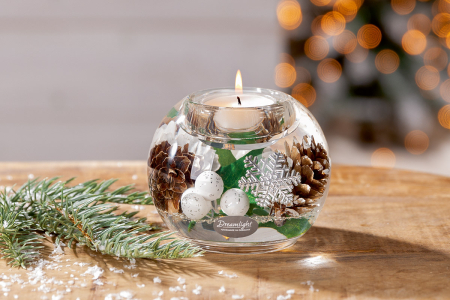 DECORATIUNI - Dreamlight, Suport lumanare tip tealight, Mercury, „Winter Time”, Sticla, verde, alb, PU 6, H 7 cm, A. 9 cm