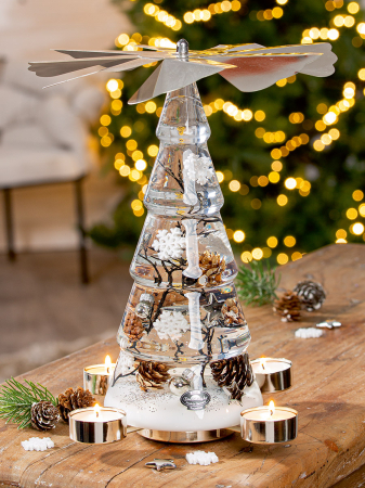 DECORATIUNI - Dreamlight, Suport lumanare tip tealight, Pyramid Medium, „Winter Story”, Sticla, maro, transparent, alb, PU 1, H 29 cm, A. 22 cm