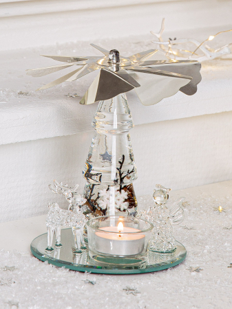 DECORATIUNI - Dreamlight, Suport lumanare tip tealight, Pyramid mini pe oglinda, „Winter Story”, Sticla, maro, transparent, alb, argintiu, PU 2, L. 12 cm, l. 17 cm, H 15 cm