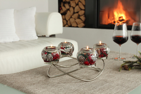 DECORATIUNI - Dreamlight, Suport lumanare tip tealight, Ronda Smart, „Noel”, Sticla, rosu, argintiu, PU 1, H 14 cm, A. 34 cm