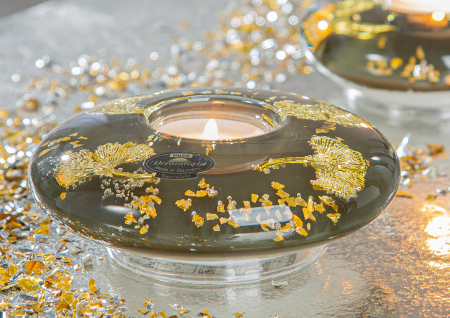 Dreamlight, Suport lumanare, Ufo Medium, Ginkgo Royal, motiv Ginkgo, Sticlă, auriu, PU 6, H. 5 cm, D. 12 cm [3]