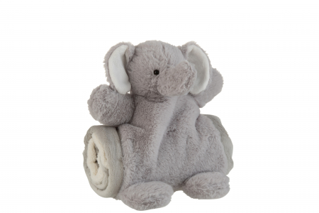Jucarii pentru copii - Elefant cu paturica, Fibre sintetice, Gri, 24x17x23 cm