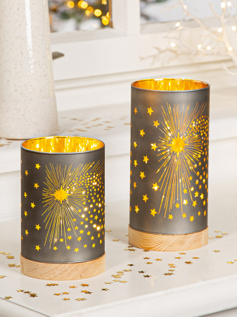 Felinar (LED), cilindric, "Komet", motiv stea, lemn, gri, PU 4, H 20 cm, A. 10 cm [1]