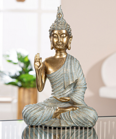 Figurină, Buddha, Iluminarea, Polirășină, auriu, gri, PU 4, L. 8 cm, L. 16 cm, H. 24,5 cm [3]