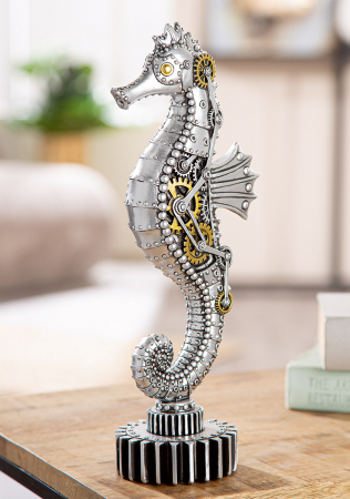 Figurină, Cal de mare, Steampunk, Motiv roată dințată, Polirășină, argintiu, PU 2, L. 8,5 cm, L. 12 cm, H. 31,5 cm [4]