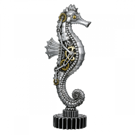 Figurină, Cal de mare, Steampunk, Motiv roată dințată, Polirășină, argintiu, PU 2, L. 8,5 cm, L. 12 cm, H. 31,5 cm [1]