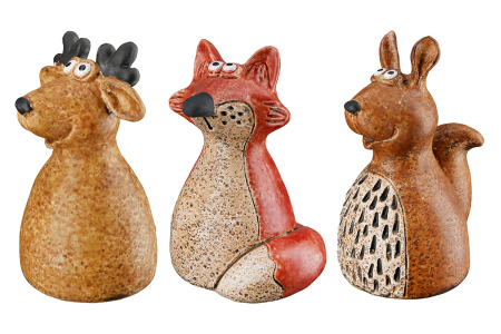 Decoratiuni - Figurina de gard, Cerb, "Tierwelt", Ceramica, maro, portocaliu, PU 6, Asortat de 3 ori, L. 12 cm, L. 12 cm, H 17 cm