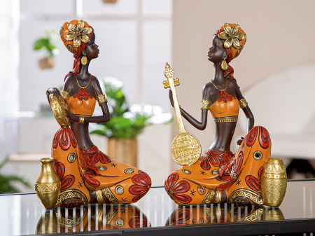 Figurină, Femeie, African Beat, Motiv Muzician, Polirășină, maro, PU 2, 2 buc. asortate, L. 10 cm, L. 15 cm, H. 22 cm [3]