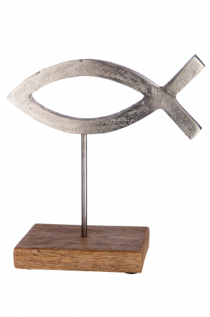 Mare si soare - Figurina fish, aluminiu/lemn, argintiu/maro, 19x20.5x7 cm