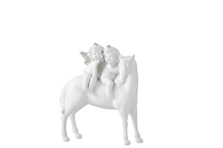 Ingeri - Figurina ingeri pe cal, Compozit, Alb , 15x9x18 cm