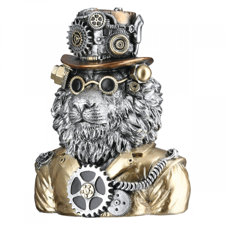 Steampunk - Figurină, Leu, Motiv roată dințată, Rășină sintetică, argintie, PU 2, L. 12 cm, L. 16 cm, H 21 cm