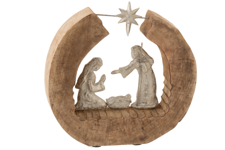 Scena Nasterii Domnului - Figurina Nativity, Aluminiu/Lemn, Argintiu/Natural, 36x6.5x34 cm