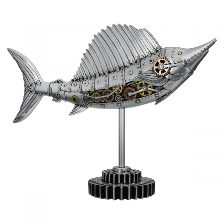 Figurină, Pește-spadă, Steampunk Sailfish, Motiv roată dințată, Polirășină, argintiu, PU 1, L. 14 cm, L. 50 cm, H. 36 cm [1]