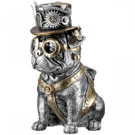 SALE % - Figurină, Pug, Steampunk pug, Motiv unelte, Polirășină, argintiu, PU 2, L. 20,5 cm, L. 13,5 cm, H. 25,5 cm