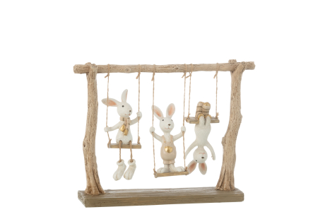 IN STOC - Figurină, Rabbits On Swing, rășină, L 26| W 5.5| H 20 cm