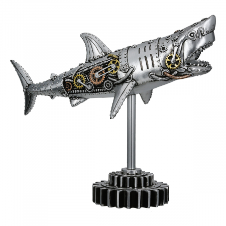 Figurină, Rechin, Steampunk Shark, Motiv roată dințată, Polirășină, argintiu, PU 1, L. 12 cm, L. 38 cm, H. 29,5 cm [1]
