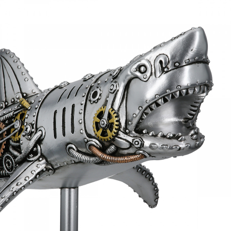 Figurină, Rechin, Steampunk Shark, Motiv roată dințată, Polirășină, argintiu, PU 1, L. 12 cm, L. 38 cm, H. 29,5 cm [3]