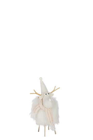 Decoratiuni - Figurina Ren, Caciula si esarfa, poliester, alb/bej,  S | L 21X l 20X H 36 cm