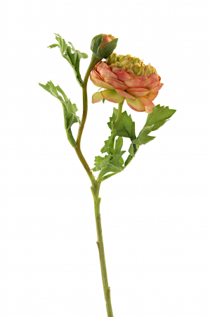 SALE % - Floare artificiala Ranunkel, Fibre artificiale, Portocaliu/Verde, 5x46 cm