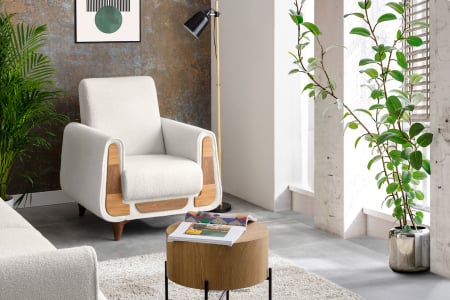 Fotolii - Fotoliu GUSTAVO, Lemn/Stofa, Alb bouclé, 83x95x92 cm