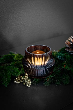 DECORATIUNI - FREYA, Suport de tea light, Sticlă, maro-gri, margine argintie , h. 7 cm, d. 9 cm