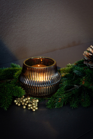 DECORATIUNI - FREYA, Suport de tea light, Sticlă, maro-gri, margine aurie, h. 7 cm, d. 9 cm
