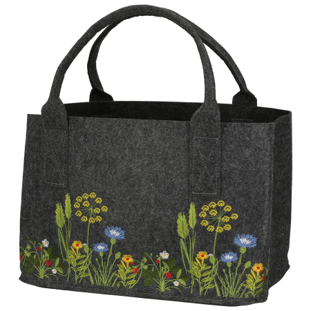 SALE % - Geanta, dreptunghiulara, "Wild Flowers", Motiv floral, Fetru, gri inchis, L. 25 cm, l. 40 cm, H. 26 cm