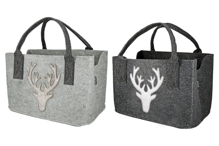 Genti - Geanta, „Hirsch”, motiv cu cerbi, fetru, gri deschis, gri inchis, PU 4, 2 asortate, L. 20 cm, l. 40 cm, H 26 cm