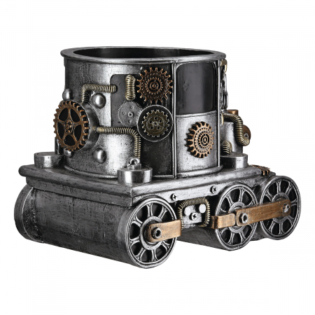 Ghiveci, Locomotivă, Motiv roți dințate, Rășină sintetică, argintie, PU 1, L. 18 cm, L. 26 cm, H 20 cm [2]
